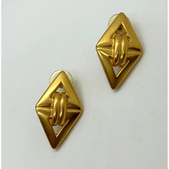 Vintage Anne Klein Earrings Brushed Gold-Tone, Diamond Shape Pierced Statement - Picture 2 of 13